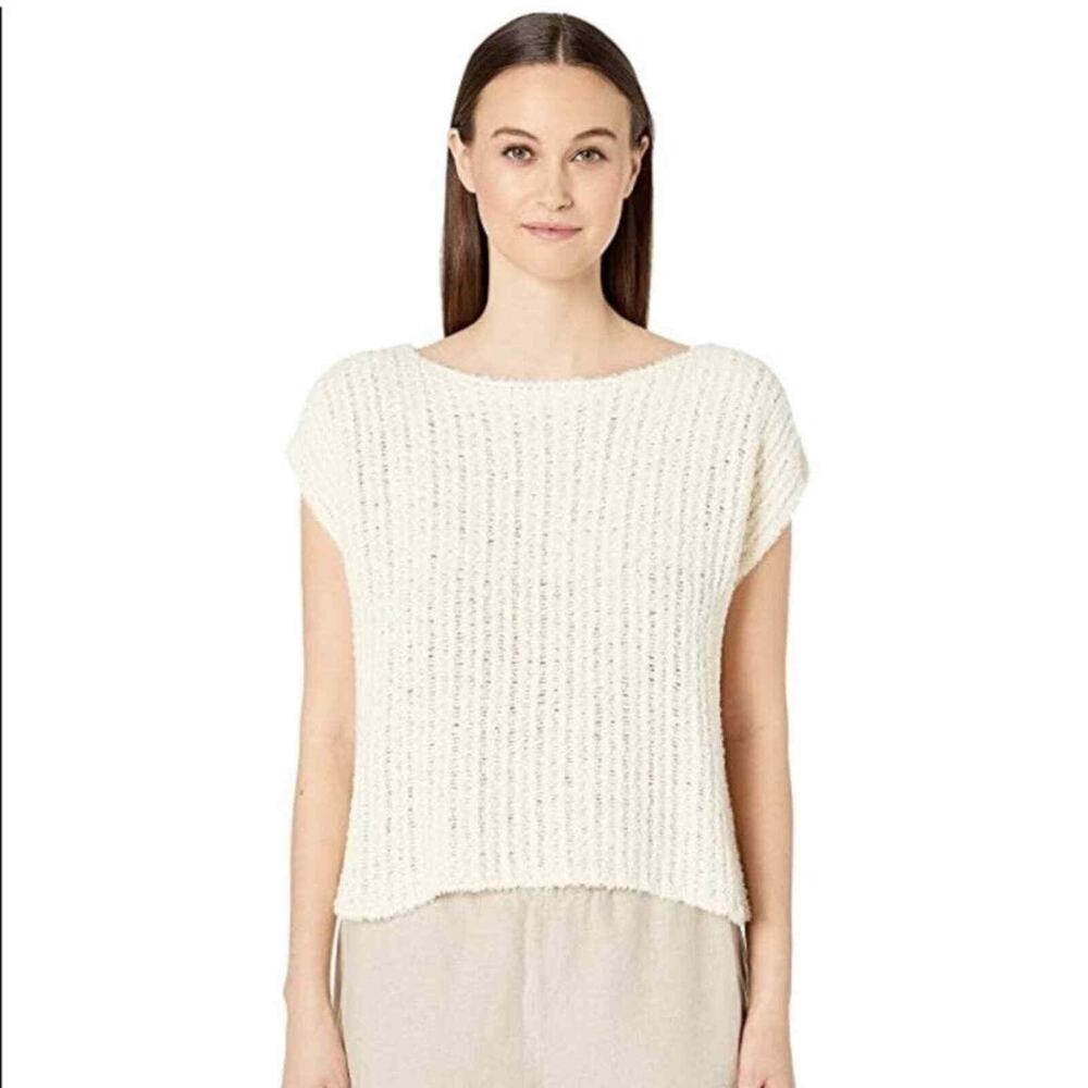 New Eileen Fisher Eyelash Top White Bateau Knitted Pullover Short Sleeve Sz 2X